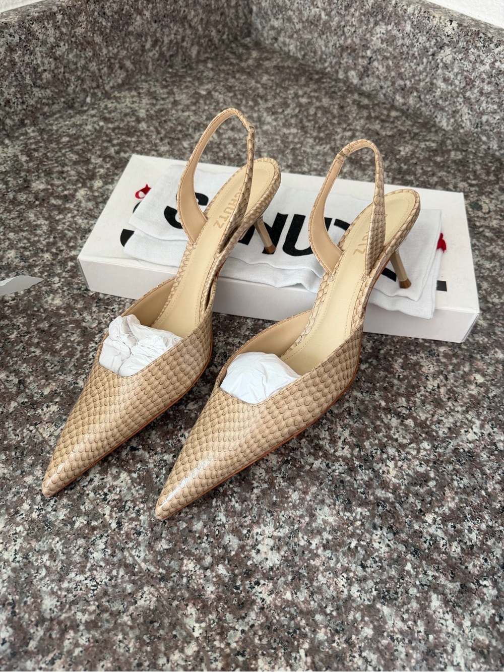 SCHUTZ Beige Woven Pointed Slingback Heels